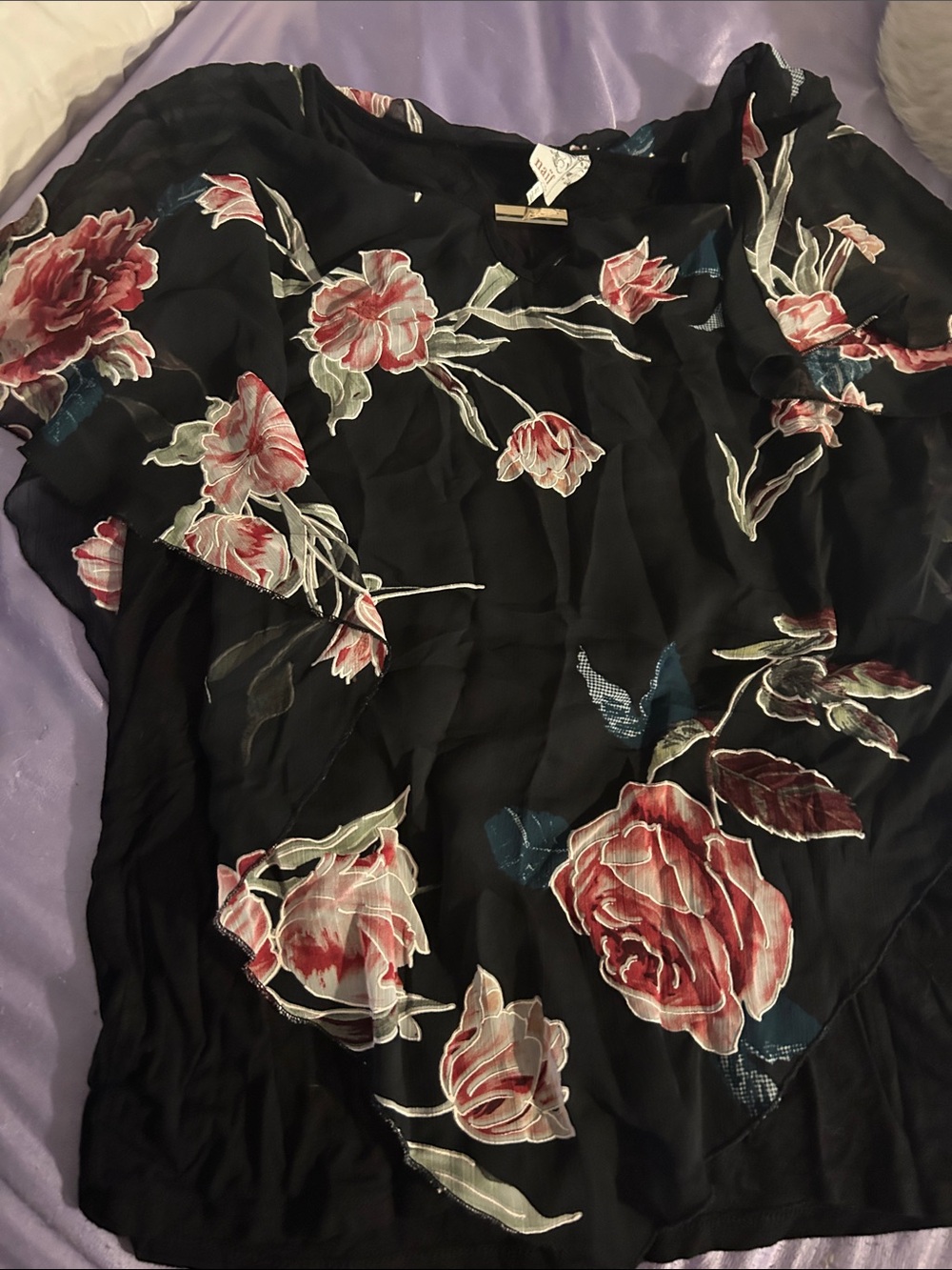 NAIF Black Blouse with Pink Rose Print